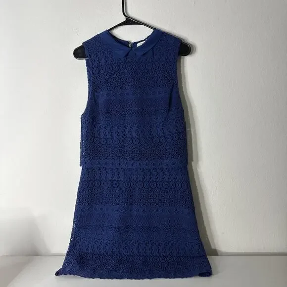 Alice + Olivia Blue Inez Bow Collar Lace Popover Dress Sz 8 Sleeveless Cocktail - Picture 2 of 8